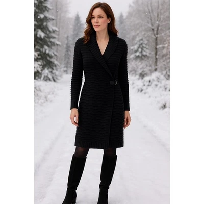 Calvin Klein Black Textured Knit Shawl Collar Sweater Dress Midi Size Medium EUc - Image 1 of 4