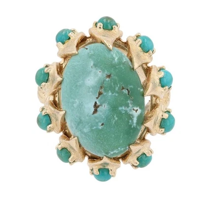 Anillo llamativo de oro amarillo de 14 k con halo turquesa cabujón ovalado de 8,83 quilates talla 6,5 Foto 1 de 4