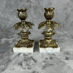 Vintage Hollywood Regency Brass & Marble Candle Stick Holders Ornate Pair Set 2 - Picture 1 of 19
