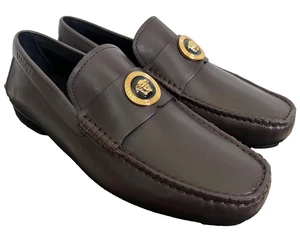 NIB Versace Medusa Tribute Logo Brown Leather Driving Shoes Loafers Sz 42 US 9 - Picture 1 of 24