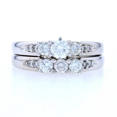 Oro Bianco Diamante Fidanzamento Anello & Fede Nuziale - 14k Rotondo Brillante - Immagine 1 di 4