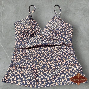 Kona Sol Blue/Black & Cream Leopard Print Tankini Swimsuit Top Size Medium NWOT - Picture 1 of 4