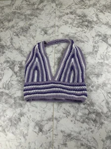 Purple white crochet halter top handmade striped knit boho festival summer wear - Picture 1 of 7
