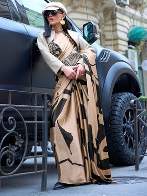 Sari beige negro abstracto satinado con pieza blusa sin costuras Foto 1 de 4