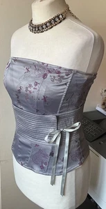 Vintage style,grey silky,purple floral,sash ribbon tie corset/basque top size 12 - Picture 1 of 11