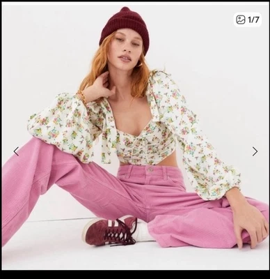 For Love & Lemons Tanya White Floral Puff Long Sleeve Crop Top Size Sz S CY1890 - Image 1 of 4