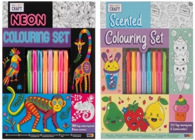 PROJECT CRAFT Duft & Neon Kreativ Farbmarker Stift Sets mit 100 Seiten Malbuch