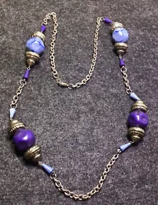 "Collar vintage grueso azul con cuentas cadena tono plata 15""" - Imagen 1 de 3