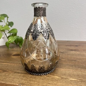 Ornate Silver Overlay Art Nouveau Deco Etched Clear Glass 10" Decanter No Stoppe - Picture 1 of 10