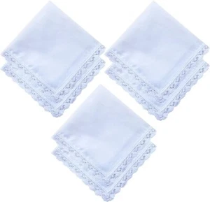 6 Pack of Ladies Embroidery Cotton Handkerchiefs Lace Border White Hankies - Picture 1 of 3