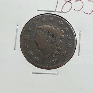 1833 1c Coronet Head Large Cent Penny US Copper Choice Fine ~ 25% Rotated Die - Picture 1 of 4