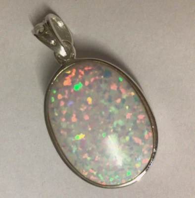 Large Sterling Silver iridescent Fire Opal Oval Trellis Openwork Pendant - Image 1 of 4