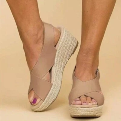 Damen-Espadrilles Kreuzriemen zehenfrei Fersenriemen Plateau Keilabsatz Schuhe - Bild 1 von 4