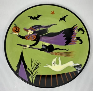 Enchanted Halloween Susan Winget Flying Witch & Cat on Broom Ghost Dinner Plate - Picture 1 of 10