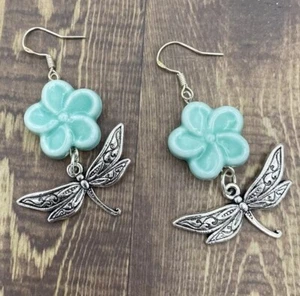 Flower Dragonfly Dangle Earrings Silver Ceramic Drop Jewelry Handmade Gifts - Picture 1 of 3