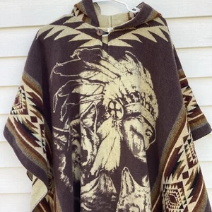 Poncho lana Ecuador nativi americani tribale lupi frange unisex taglia unica - Foto 1 di 15