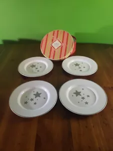 Hallmark 8” Dessert Plates SET of FOUR Round Presentation Box 9 Silver Stars - Picture 1 of 4