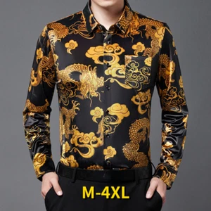 Men Retro Velevt Blouse Tops Shirts Pleuche Casual Asian Dragon Long Sleeve - Picture 1 of 13