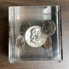 1959 Us Silver Half Dollar w/ 4 other Coins in Mcm Lucite Cube Paperweight