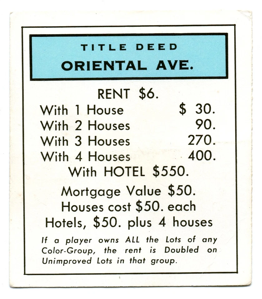 TARJETAS DE PROPIEDAD DE REPUESTO MONOPOLY - TÚ ELIGES piezas de título de escritura piezas 2-5/8 x 3" Foto 1 de 1