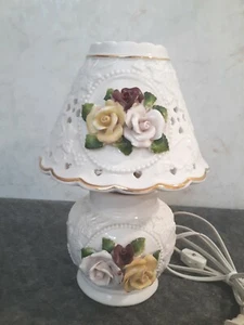 Vintage Lamp and Shade White Porcelain Eyelet With Roses & Gold Trim 10" Height - Picture 1 of 24