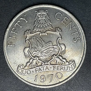 BERMUDA 1970 COIN 50 CENTS Quo Fata Ferunt Foreign World Coins - Picture 1 of 2