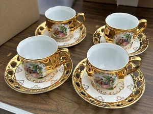 SET 4 piattini tazze vintage giapponesi fine porcellana rasterware oro moriage - Foto 1 di 8