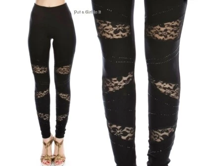 New VOCAL Womens BLACK CRYSTAL LACE CONTRAST STRETCH LEGGINGS PANTS S M USA - Image 1 of 4