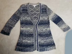 Coldwater Creek Linen Blend Cardigan Open Weave Long Sleeve Blue Cream Gray M - Picture 1 of 14