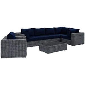 Modway Summon 7 Piece Outdoor Patio Sunbrella® Sectional Set in Canvas Navy - Picture 1 of 9