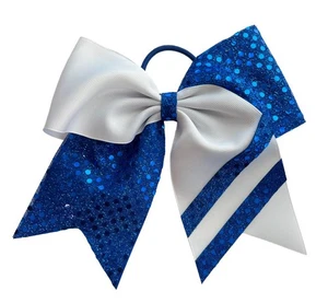 NEW "CONFETTI STRIPES Royal Blue White" Cheer Bow Pony Hair Bows Cheerleading - Picture 1 of 1