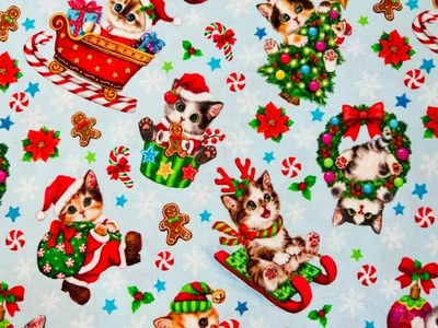 Christmas Kittens Fabric FQ Winter Sleigh Gingerbread Men Trees Santa Kitsch