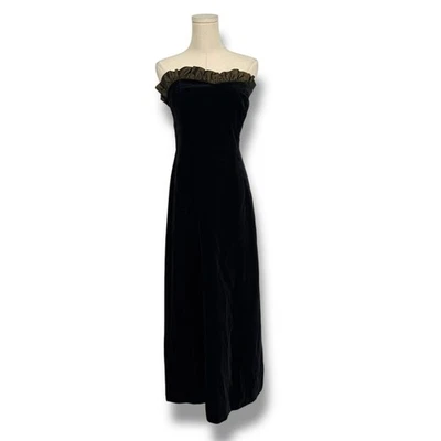 Vintage 1980s Laura Ashley Velvet Strapless Maxi Evening Dress, Gold Ruffle Trim - Image 1 of 4