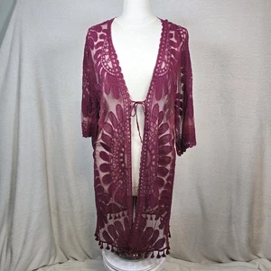Everleigh Sz M Burgundy Swim Cover-up Kimono Robe Tie-front Medallion Design - Picture 1 of 9