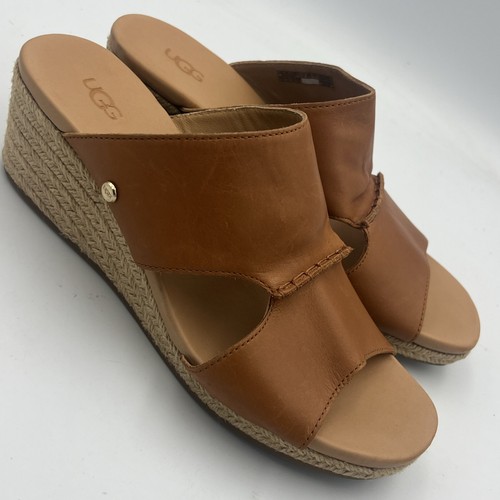 Sandalo UGG Eirene in pelle espadrillas con zeppa marrone marrone scuro da donna taglia 10 NUOVO