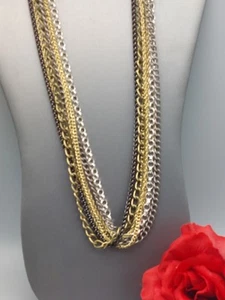 Beautiful Multi 6 Strand Necklace Gold And Silver Tone Various Links Chains 26" - Picture 1 of 8