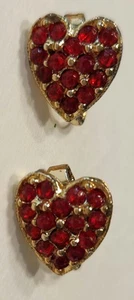 Vintage Costume Jewelry Clip-On Earrings ~ Heart Shaped w/ Red Stones - Picture 1 of 6