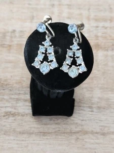 Vintage Blue Rhinestone Dangle Earrings Screw Back - Picture 1 of 5