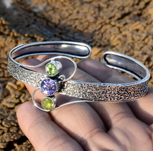 Amethyst Cut & Peridot Cut Gemstone 925 Sterling Silver Handmade Bangl Cuff-x471 - Picture 1 of 7