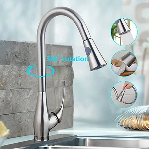 Chrome Kitchen Pull Out Spray Taps Swivel Sink Basin Mixer Single Handle Faucet - Picture 1 of 9