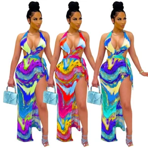 Fashion Women Halter Sleeveless Colorful Print High Slit Bodycon Cocktail Dress - Picture 1 of 10