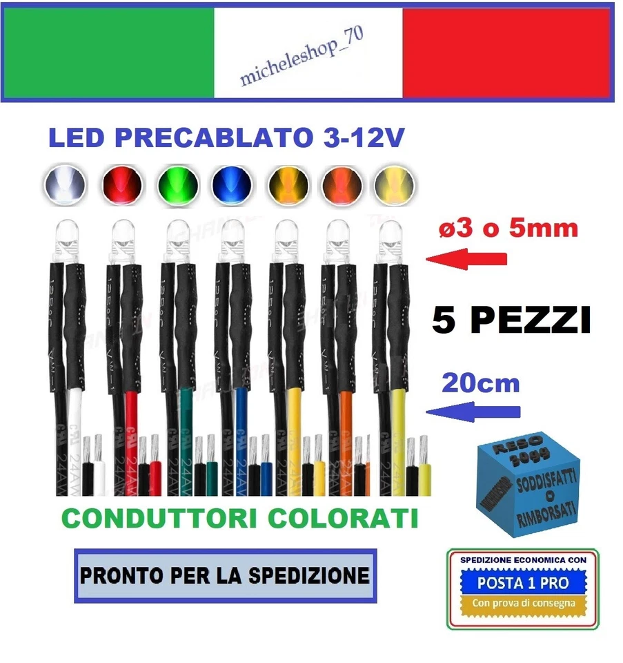 5 pezzi diodo led ø3 o 5mm con filo 20cm lente trasparente 3-12V pre cablato - Immagine 1 di 1