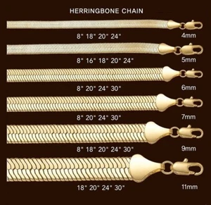 Unisex Herringbone Chain 14k Gold Plated 3mm to 11mm 8" 16" 18 20 24 30 Necklace - Picture 1 of 5
