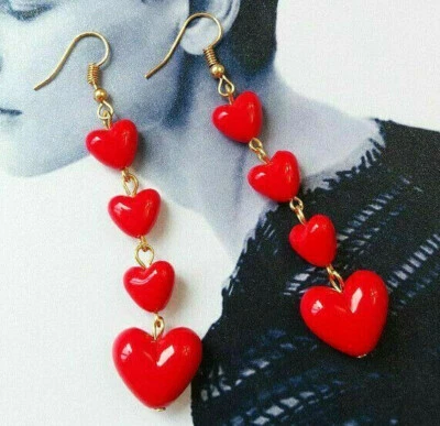 Cascading HEART Valentine's Day TASSEL Red Dangle Betsey Johnson Earrings - Image 1 of 4