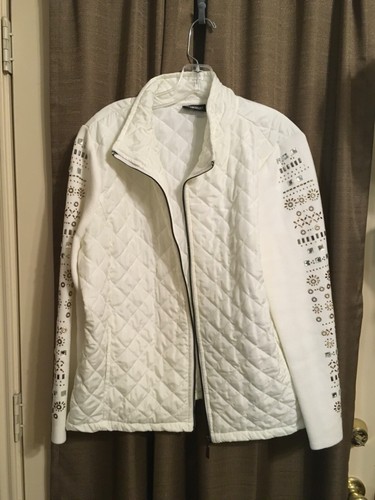 OFF WHITE Giacca Onque Casuals Trapuntata Bianca Lavorata a Maglia Maniche Abbellite Cerniera Frontale XL