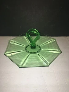 Green Depression Glass Serving Dish Plate, Hexagon w/Thick Handle 10" Vintage - Picture 1 of 17