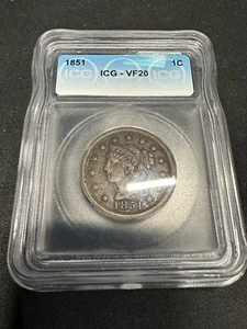 1851 Large Cent ICG VF20 - Picture 1 of 2