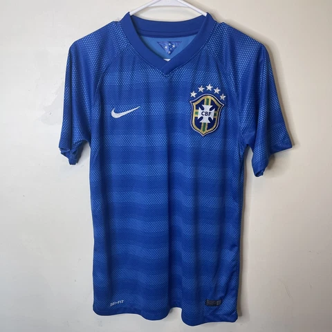 BRAZIL 2014 WC AWAY BLUE FOOTBALL SHIRT SOCCER JERSEY NIKE - Sz S Cover