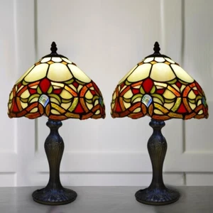 Pair of 2 Tiffany Style HandCrafted Table Lamp Multicoloured Stained Glass Shade - Picture 1 of 15