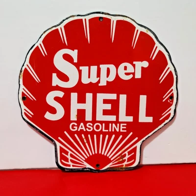 Vintage SUPER SHELL GASOLINE Porcelain Enamel Sign 8" x 8" Inch - Image 1 of 4